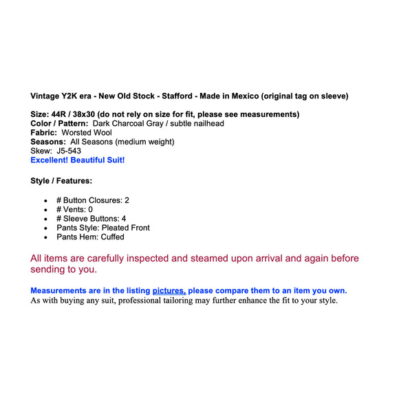 Vintage Y2K Stafford 44R 38x30 Dark Gray Worsted Wool Mens Business Suit NOS - Picture 2 of 16